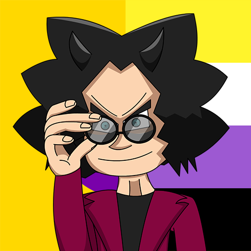 Dominika avatar with her pride flags in the background