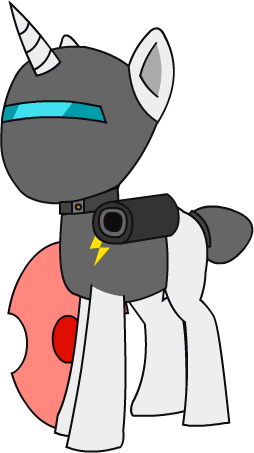 Light Enforcer sprite. A white unicorn with a grey armor and helmet, a red shield and a bomb collar