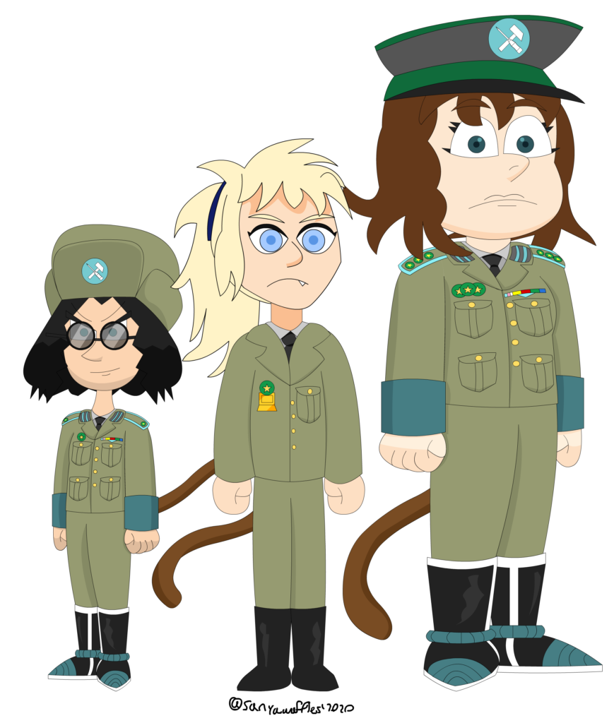 Dominika, Sasha and Sanya in their Aysburg soldier getups