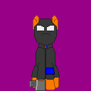 Pegpol sprite. Has a skin tight black outfit and a blue arm band and a skin tight mask. Has an orange coat.